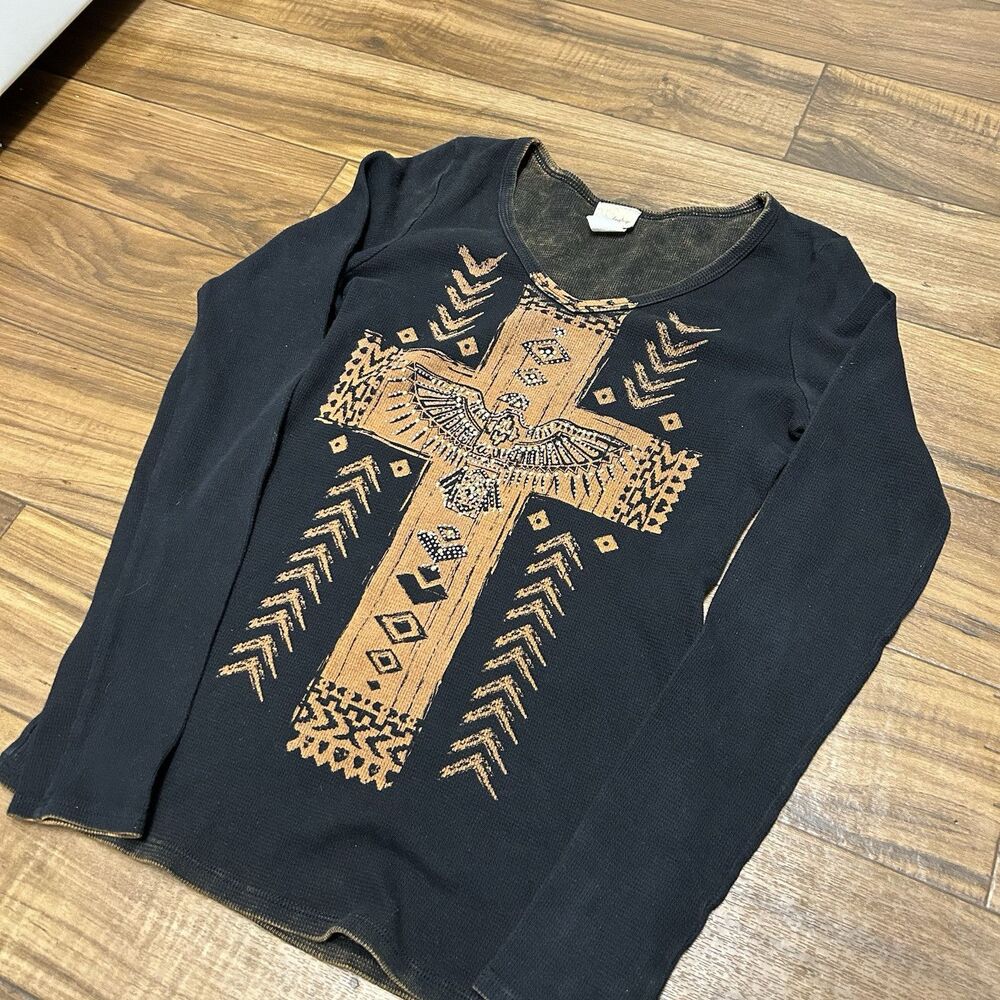 Y2K Women’s Waffle Knit Thermal Cross Aztec Bird Graphic Made In USA Sz Medium - Picture 2 of 7